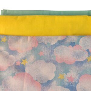 Pastel Cloud Patterned Fabric Bundle Cotton Yellow & Green Solid Matching Fabric